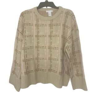 DESIGN HISTORY NWT Tan and Pink Plaid Crewneck Sweater. Size Large